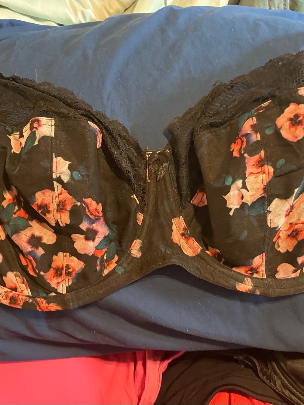 Panache Black Floral Lace Underwire Bra with Coral Accents
